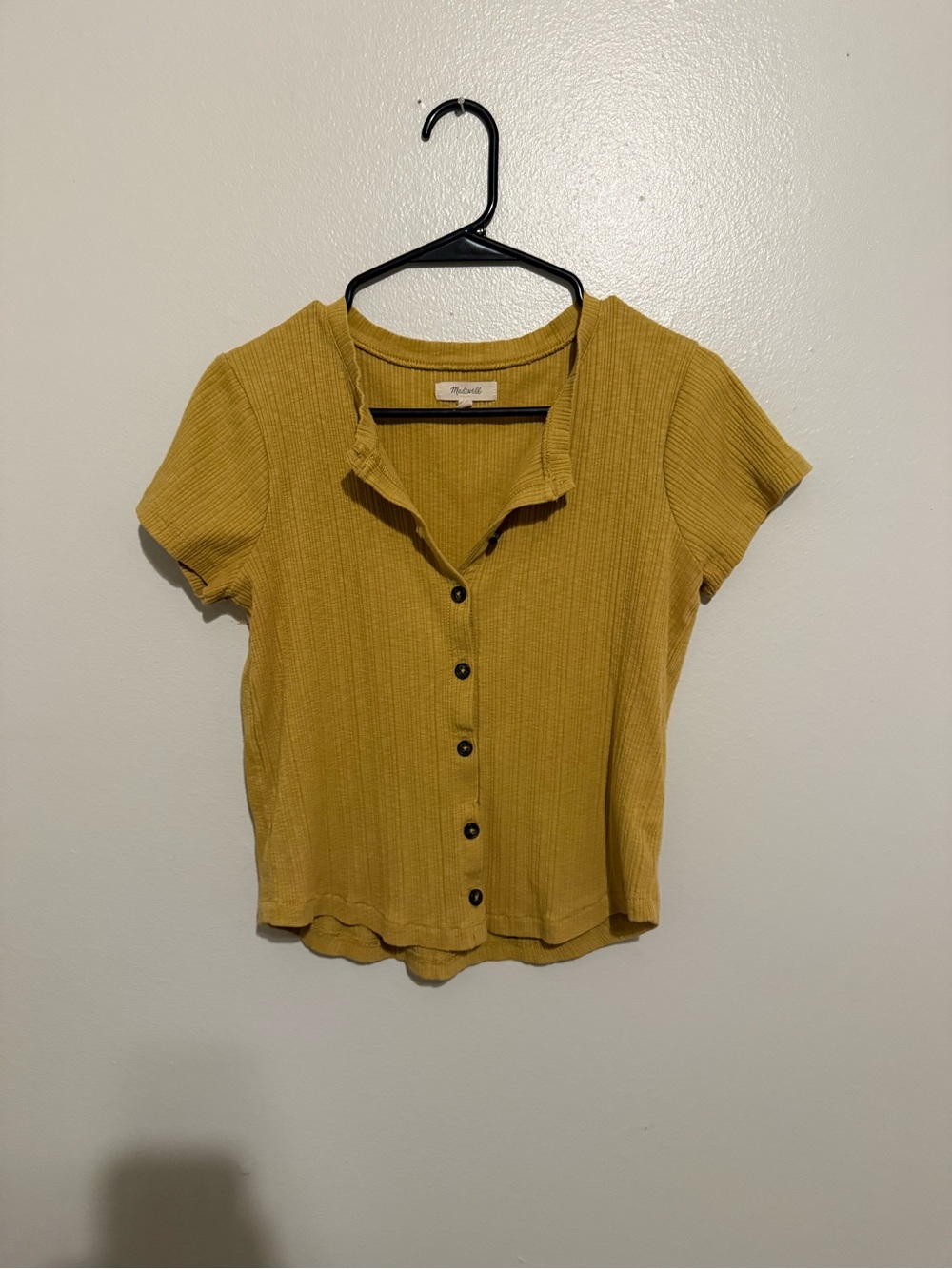 Madewell Mustard Ribbed Button-Front Short Sleeve Top
